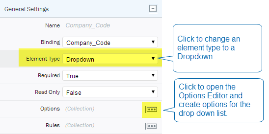 Ändern Sie den Elementtyp zu „Dropdown“ und klicken Sie auf „Optionen“, um Dropdown-Optionen manuell zu erstellen.