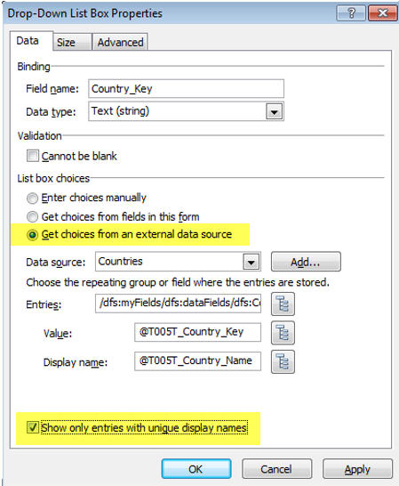 Drop down list box properties