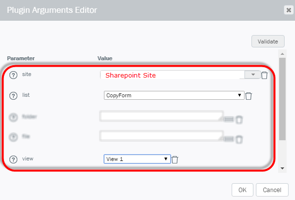 Editor für Plug-in-Argumente für das Plug-in „Formular kopieren“ Bildschirm „Editor für Plug-in-Argumente“ für das Plug-in „Formular kopieren“