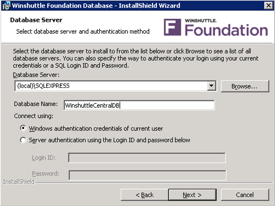 Installing Winshuttle Database screen