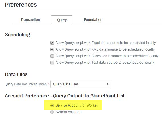 Query preferences screen