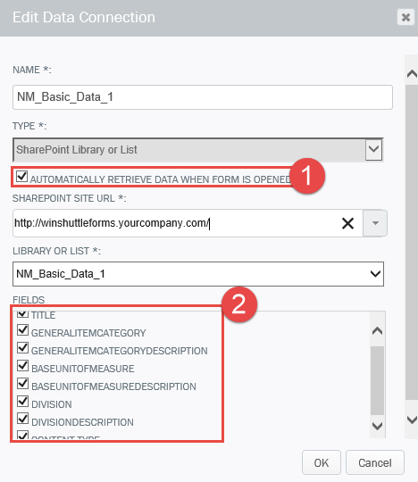 Limitar las conexiones de datos puede mejorar el tiempo de carga de los formularios. Pantalla Conexiones de datos de Winshuttle Composer