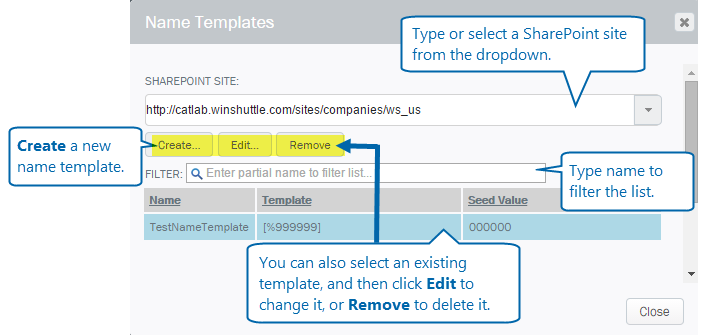 Capture d’écran Modèles de noms Winshuttle Composer