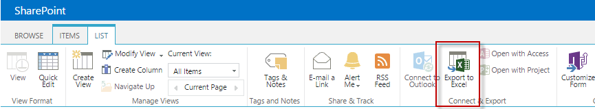 Capture d’écran SharePoint - Exporter vers Excel