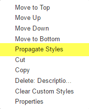Cliquez avec le bouton droit sur un élément pour ouvrir son menu contextuel, puis sélectionnez Propager les styles à d’autres vues. Menu contextuel Élément de formulaire Winshuttle Composer.