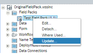 Dans l’arborescence de solutions, vous pouvez cliquer avec le bouton droit sur un pack de champs et cliquer sur Mettre à jour pour mettre à jour la version du pack de champs. Écran du menu contextuel Pack de champs dans l’arborescence de solutions Winshuttle Composer