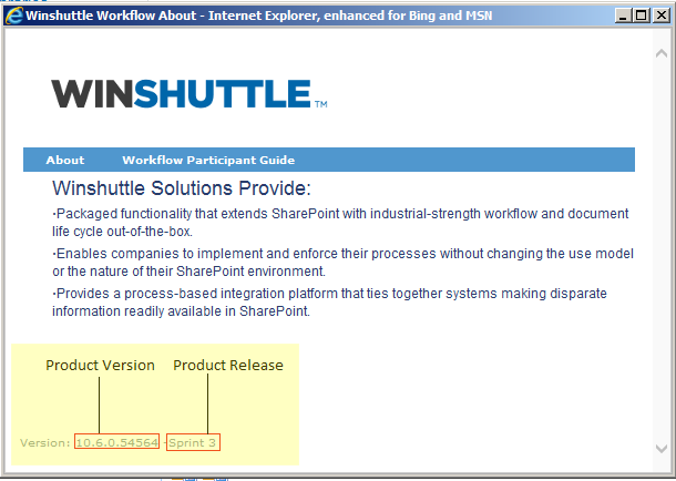 Écran des informations de version Workflow