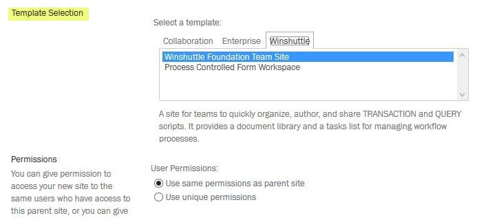 Capture d’écran Ajout d'un site Winshuttle Foundation