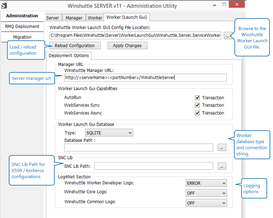 Utilitaire d’administration de Winshuttle SAP Integration Server 11.x : configuration Worker Launch GUI Utilitaire d’administration de Winshuttle SAP Integration Server 11.x : Écran Configuration Worker Launch GUI