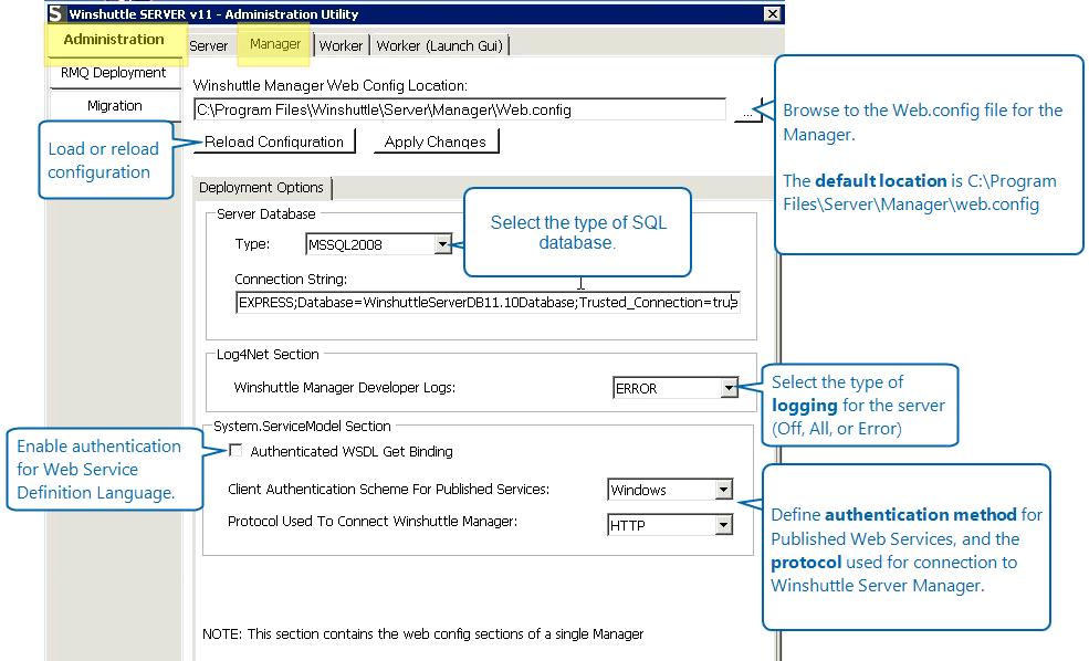 Outil d’administration de Winshuttle SAP Integration Server 11.x : Écran Server Manager
