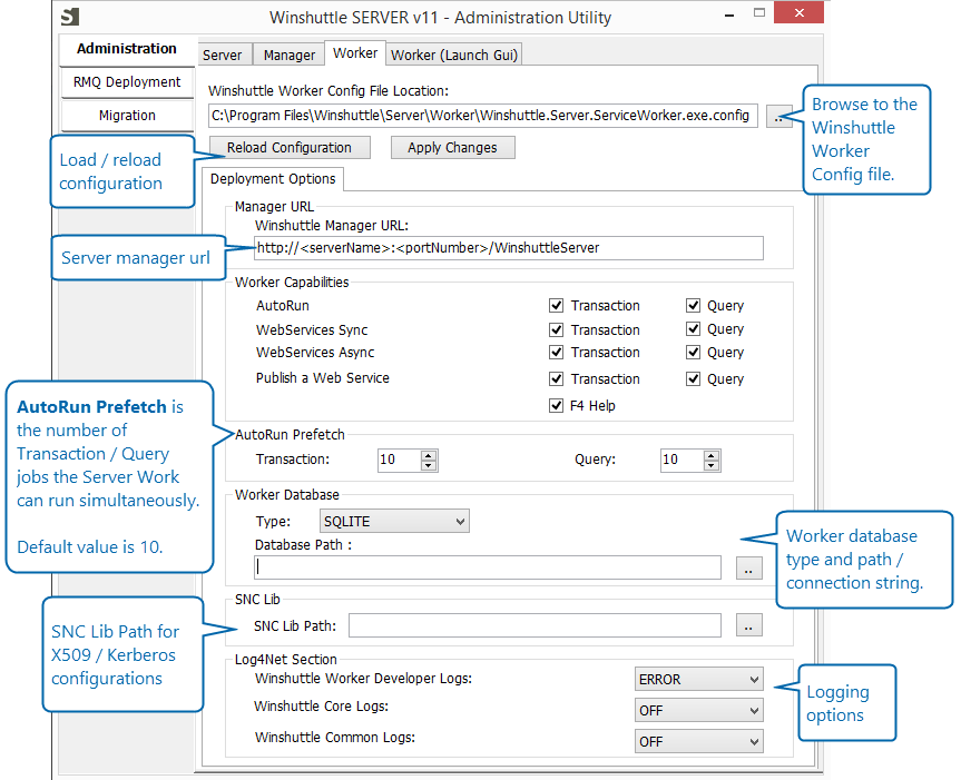 Configuration de Server 11.x Worker avec l’outil d’administration Winshuttle Server 11.x Capture d’écran de l’outil d’administration de Winshuttle Server 11.x