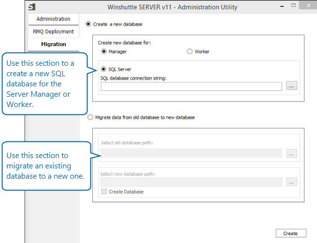 Création ou migration des bases de données dans l’outil d’administration Winshuttle Server 11.x Capture d’écran de la base de données de l’outil d’administration de Winshuttle Server 11.x
