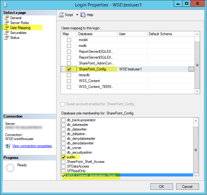 Exemple d’écran des propriétés de connexion SQL