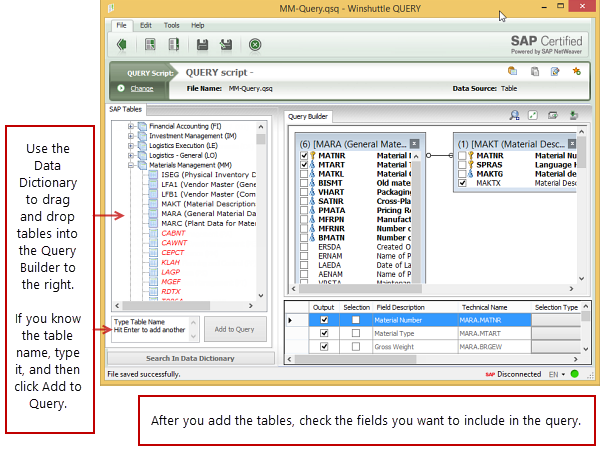 query screen showing tables data dictionary