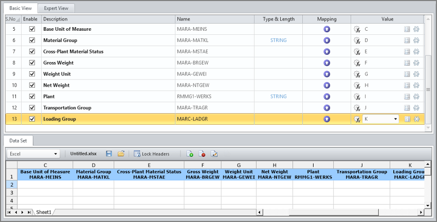 fields mapped to excel preview