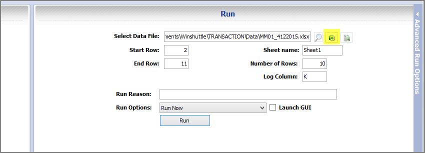 excel icon on run panel