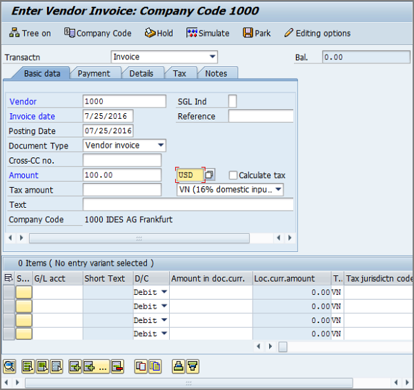 área de encabezado en sap gui