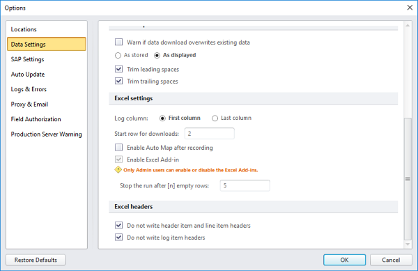 Excel-Einstellung auf der Registerkarte „Dateneinstellungen“