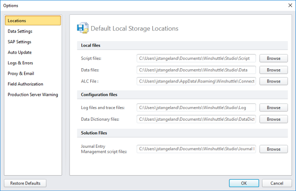 Registerkarte „Speicherorte“ im Dialogfeld „Optionen“