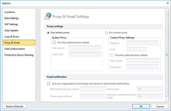 Registerkarte „Proxy‑ und E‑Mail‑Einstellungen“ im Dialogfeld „Optionen“