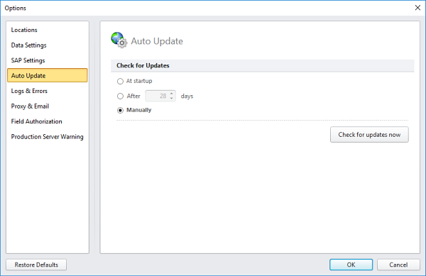 Registerkarte „Automatisches Update“ des Kästchens „Optionen“