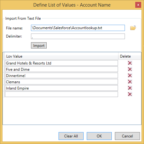 list of values dialog box