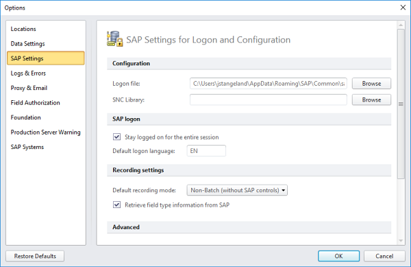 pestaña configuración de sap en cuadro de diálogo opciones