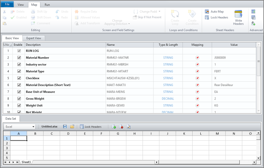 filas de campo y vista previa de excel en el asignador
