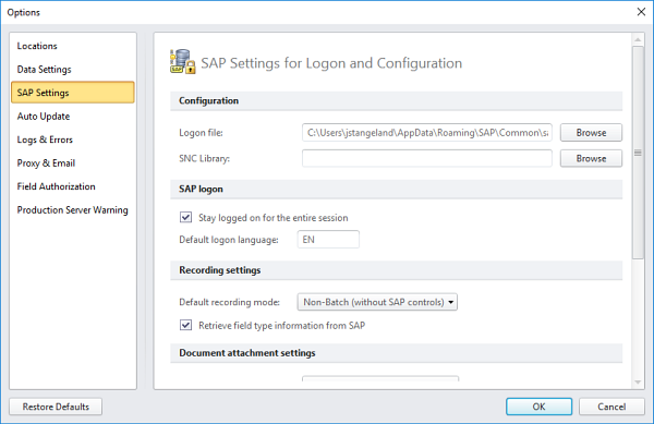 configuración de sap en cuadro de diálogo opciones