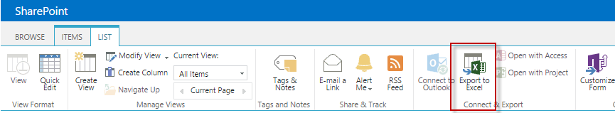 SharePoint screenshot - Export to Excel