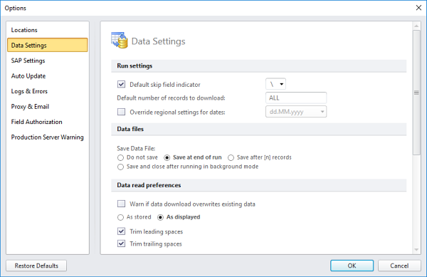 data and excel options