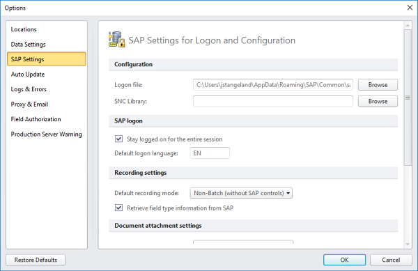 sap settings in options dialog box