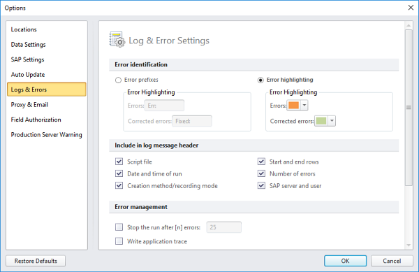 logs and errors tab in options dialog box