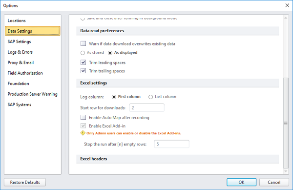 excel settings options