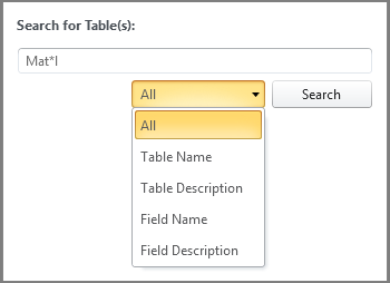 options de recherche, toutes les tables, champ de description de table, description de champ