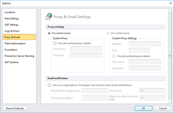 Paramètres de serveur proxy et de courrier électronique dans la boîte de dialogue des options