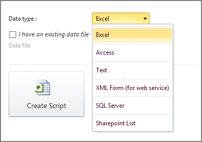 drop down list of data file type choices