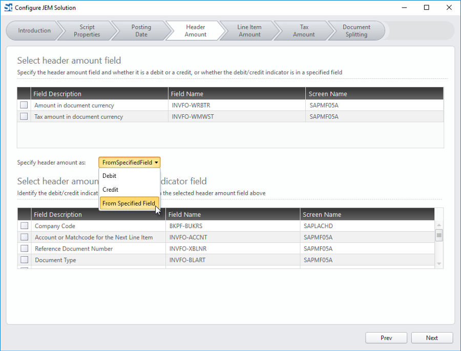 select header amount field and debit credit indicators