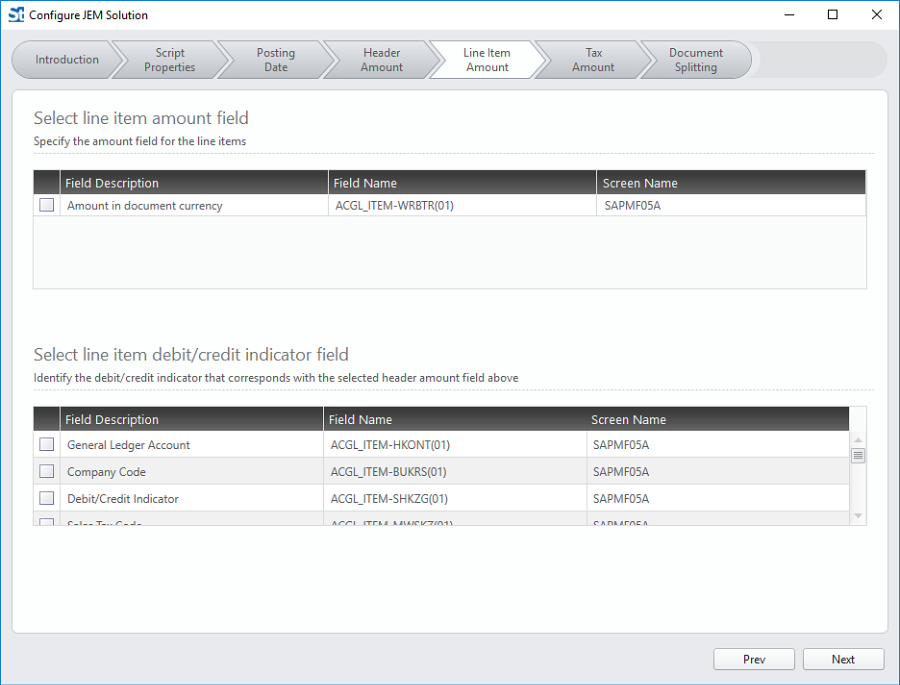 select line item amount field and debit credit indicator