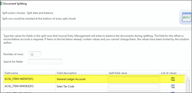 values for split fields in document splitting box