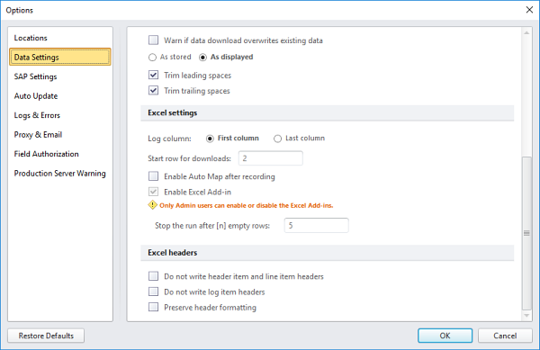 excel settings in options box
