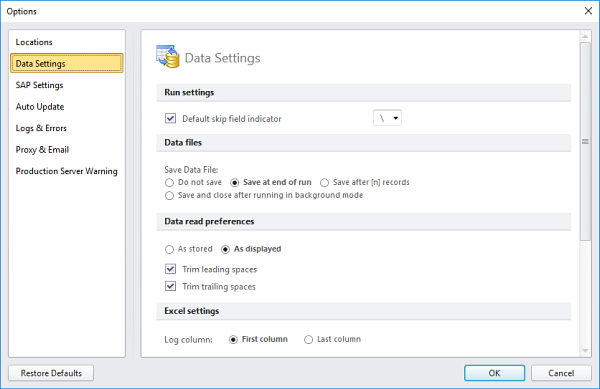 data settings tab in options box
