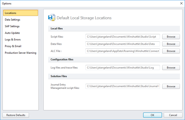 locations tab in options box