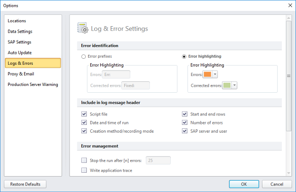 logs and errors tab in options box