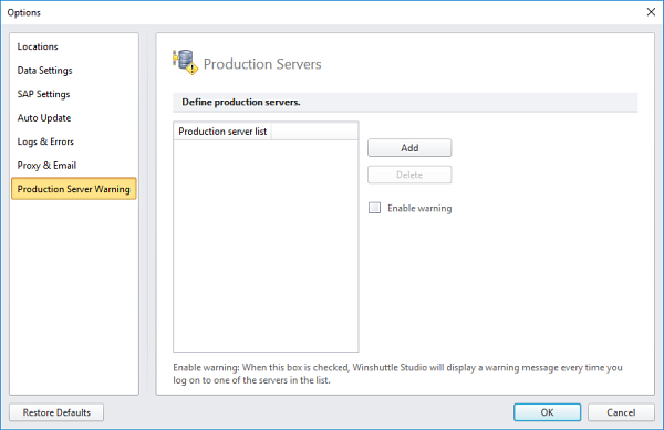 production server warning tab in options box