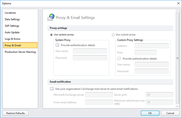 proxy and email tab in options box
